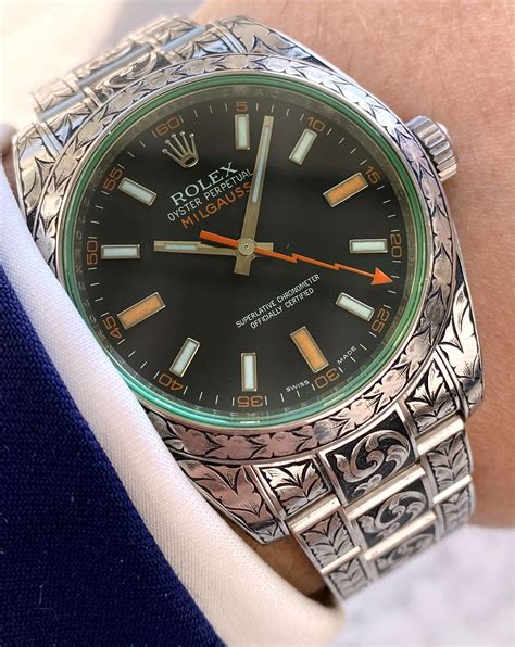 rolex oyster perpetual milgauss engraved|rolex milgauss dark knight price.